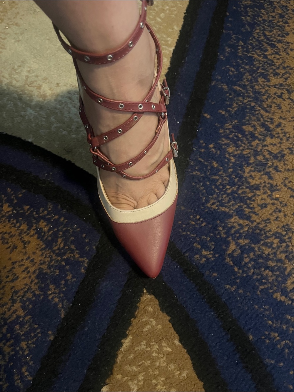 Charlotte Russe Burgundy and Cream Pointed Strappy heels